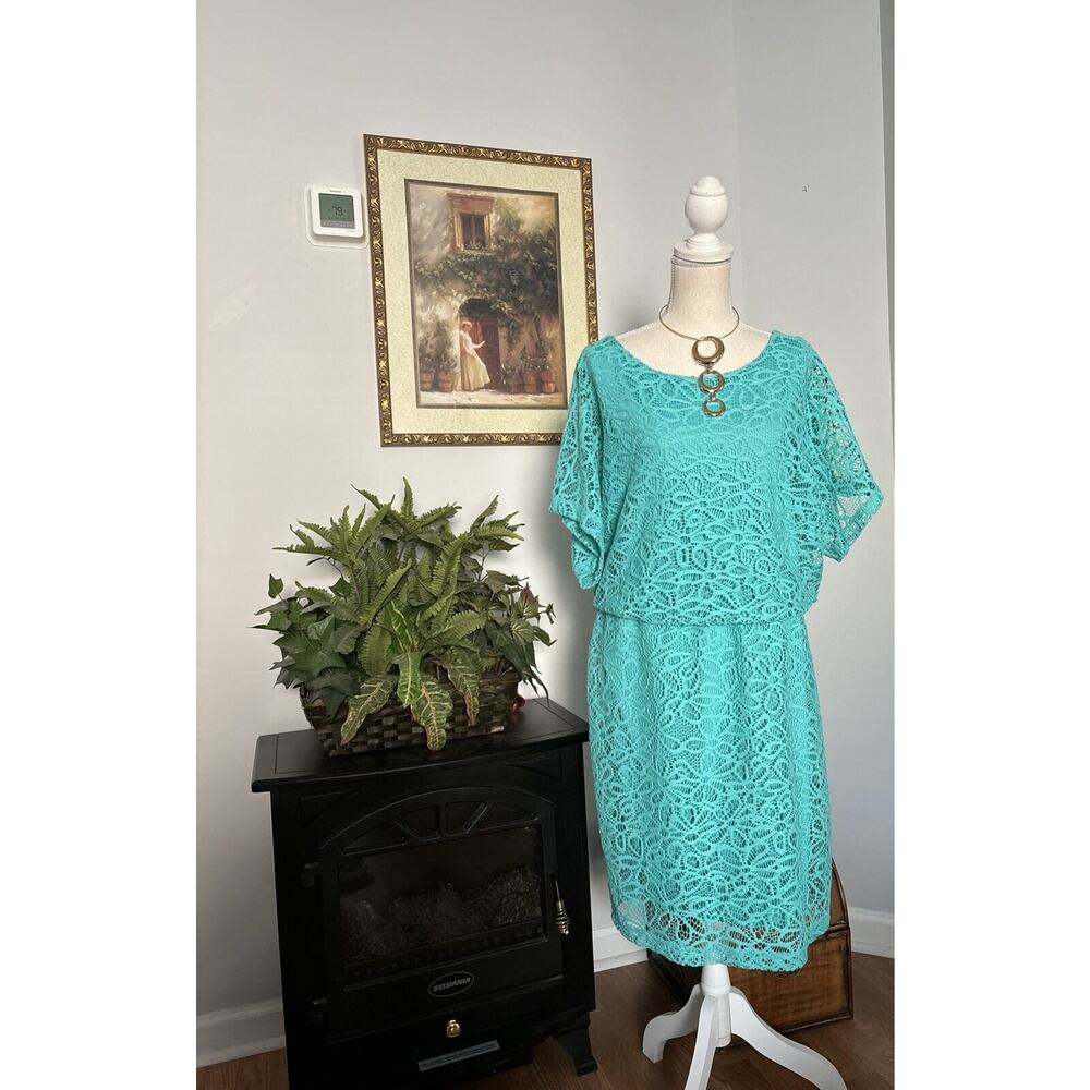 New Directions Women's Dress 16 Short Sleeve Green Lace Elastic Waist Lined